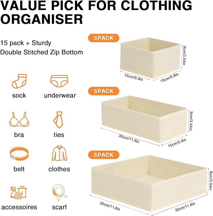 DIMJ Drawer Organizer Clothes, 15 Pack Dresser Organizer, Foldable Closet Organizers and Storage, Fabric Dresser Bins, Drawer Dividers for Nursery, Baby Clothes, Underwears, Sock (Beige) - Image 2