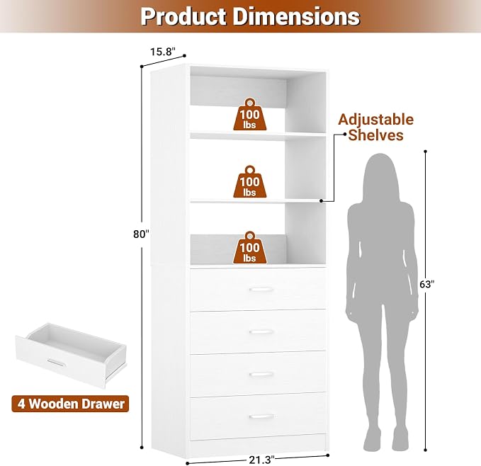 Aheaplus Closet Drawers System, 21.3" Wood Closet Organizer System with 4 Drawers, Modular Walk-in Closet System Storage Unit, Small Closets Wardrobe Rack, Tall Storage Cabinet Unit, White - Image 3