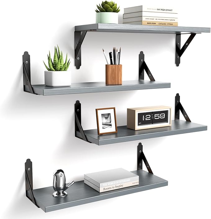 ROMGUAR CRAFT Wood Floating Shelves Set of 4, Rustic Storage Decor Wall Shelves, Wall Mounted Shelf for Living Room, Bedroom 17" x 6", Grey by ROMGUAR+CRAFT