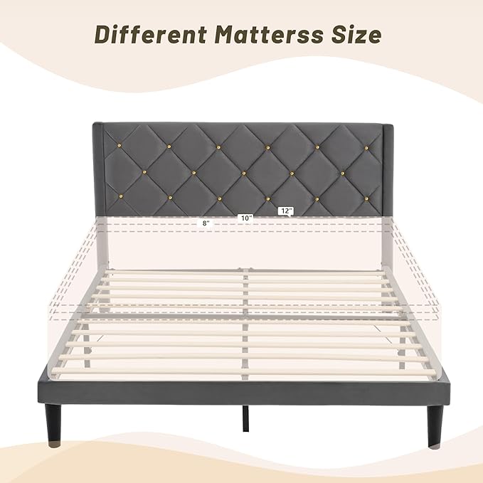 Full Bed Frame with Headboard, Bed Frame Full Size with Sturdy Wooden Slats Support, Platform Frame with Velvet Upholstered Headboard, Mattress Foundation, Easy Assembly, No Box Spring Needed grey