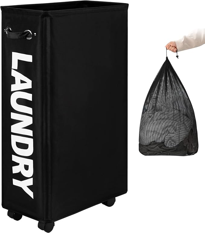 DOKEHOM 29-Inches Enlarged Slim Laundry Basket with Removable Wash Bag on Wheels, Collapsible Rolling Laundry Hamper, Foldable Narrow Corner Clothes Storage Bins (Black) by DOKEHOM