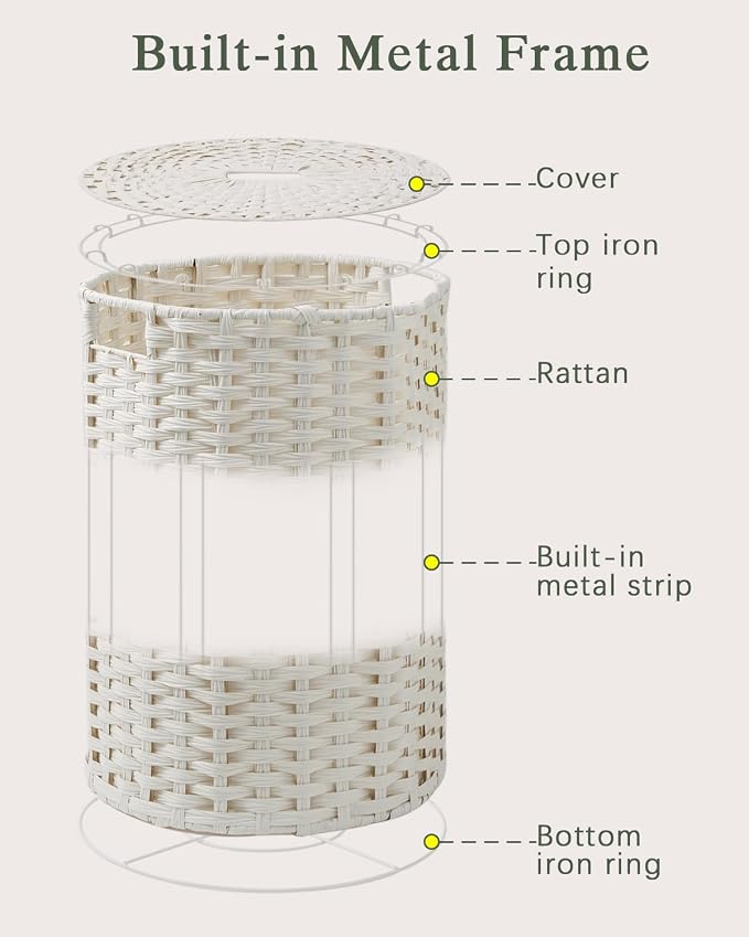 SETVSON Laundry Hamper with Lid Laundry Basket with Lid 19.0 Gal (72 L) Round Wicker Laundry Basket Handwoven Rattan Basket with Lid Removable Bag 2 Mesh Bags Handles for Living Room Bathroom White - Image 8