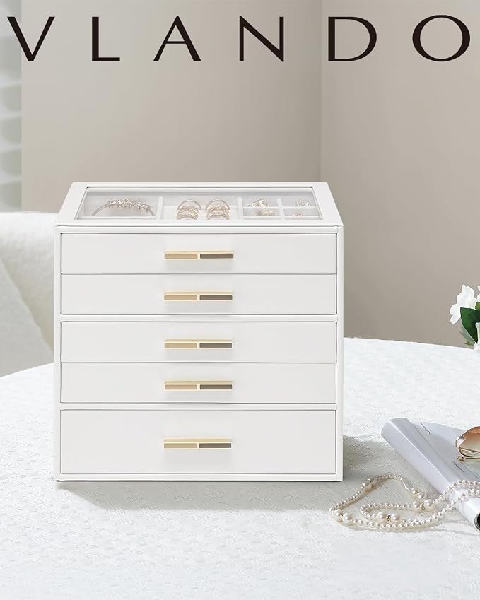 VLANDO 5 Layer Jewelry Box for Women, Glass Lid Jewelry Organizer with 5 Drawers for Necklaces Rings Earrings Bracelets - White - Image 7