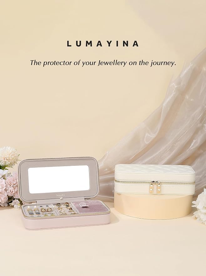Travel Jewelry Case with Mirror, Quilted Small Jewelry Box Organizer for Women Girls, Portable Earring Necklace Bracelet Ring Holder Storage for Travel Weekend Trips (Beige) - Image 9