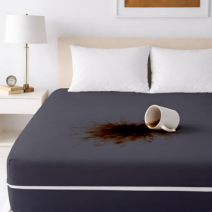 Mattress Protector Full XL Size 100% Waterproof Zippered Cover, 15 Inches Deep, Six-Sided Mattress Encasement for Bed, Zipper Closure Style (Dark Grey)