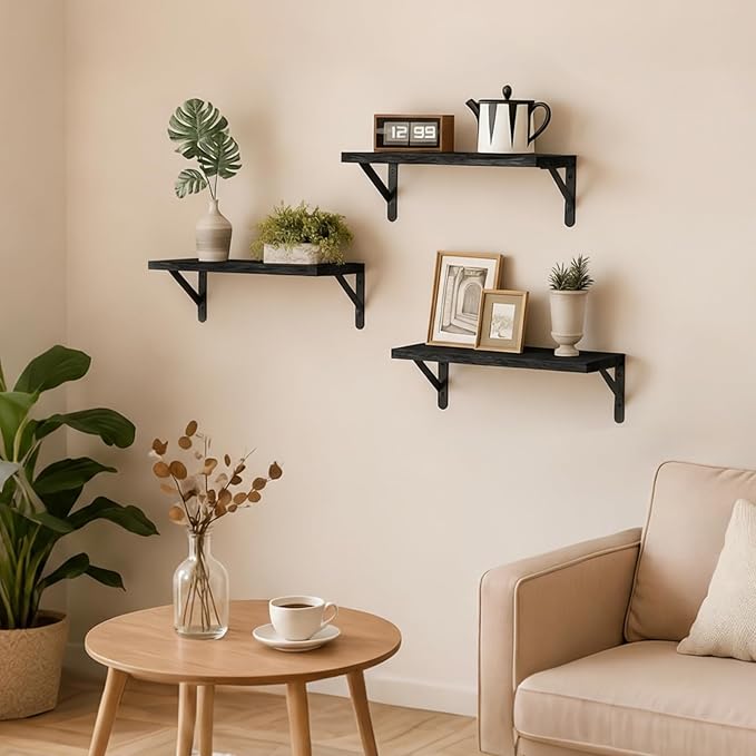 Fixwal Black Shelves for Wall, Wood Wall Mounted Floating Shelves for Bedroom, Bathroom, Living Room, Kitchen Storage and Decor(Black, Set of 3, 16.5 Inch) - Image 2