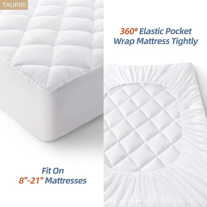 Taupiri King Quilted Mattress Pad Cover with Deep Pocket (8"-21"), Cooling Soft Pillowtop Mattress Cover, Down Alternative Mattress Protector Topper, White