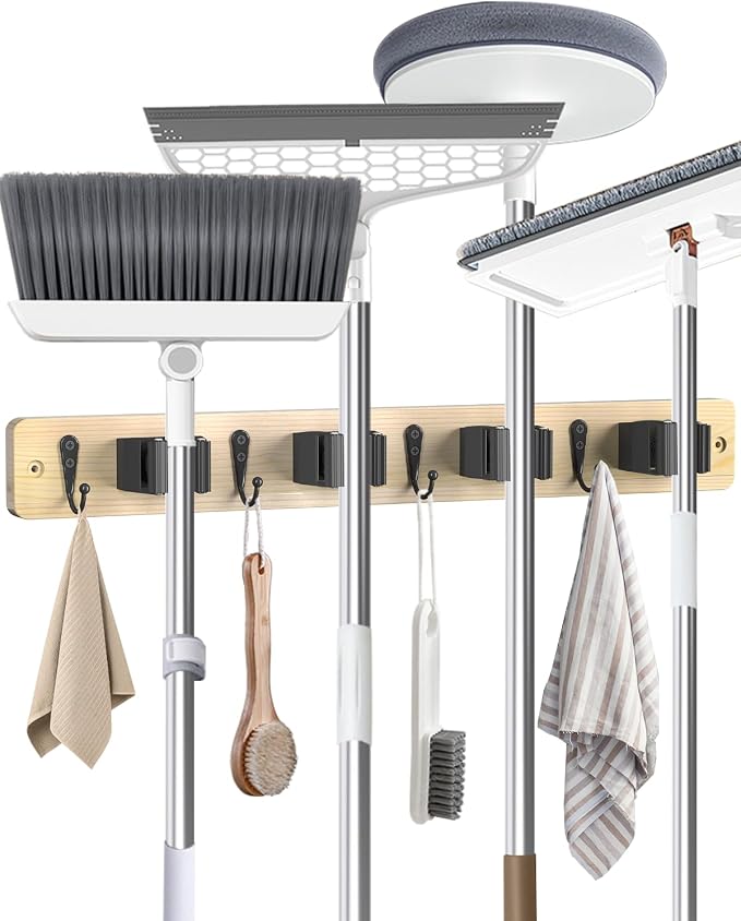 Broom Holder Wall Mounted, Light Wood 4 Holders and 4 Hooks Mop Holder, Wooden Mop and Broom Holder with Anti slip rubber, Natural pine wood Brush Holder, Mop Wall Holde with Nail installation by AceMining