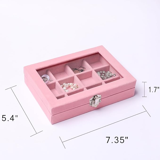 Frebeauty Jewelry Organizer Tray with Clear Lid,12 Grid Velvet Drawer Insert Jewelry Storage Box with Transparent lid Jewelry Display Case Store Showcase Jewelry Box Gift for Women(Pink,12 Grid) - Image 3