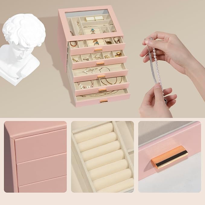 Jewelry Box with Glass Lid, 5-Layer Jewelry Organizer for Women Girls, PU Leather Display Case with 20-Grid Earring Tray & Movable Dividers for Necklaces Rings,Pink - Image 6