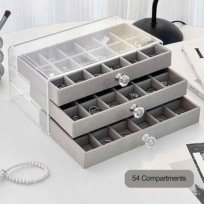 SPAKOWN Earring Box Holder Organizer Display Case, Clear Velvet Jewelry Storage Tray Organizer for Earring Ring Stud (Grey - 3 Drawers) - Image 3