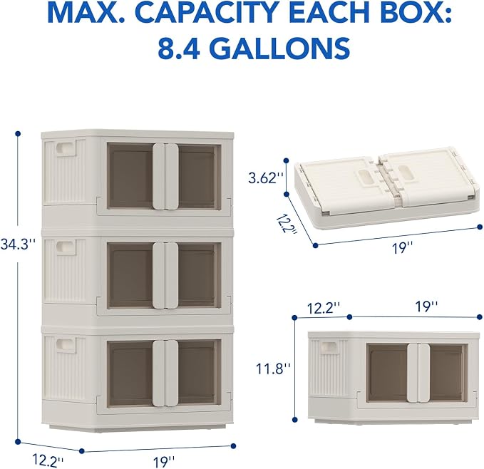 FLEXIMOUNTS 110 QT Stackable Storage Bins With Lids, Collapsible Plastic Storage Bins With Doors and Built-in Wheels For Home Dorm Closet Organizers and Storage, 3 Pack Cubes, Milky White - Image 9