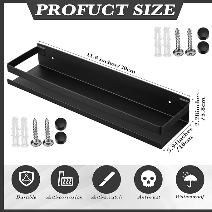 Lallisa 2 Pieces Stainless Steel Shelf Bathroom Shower Floating Shelves Wall Mounted Shower Caddy Basket Shelf Storage Organizer Shelves for Bathroom, Kitchen, Living Room(11.81 Inch/ 30 cm,Black) - Image 3