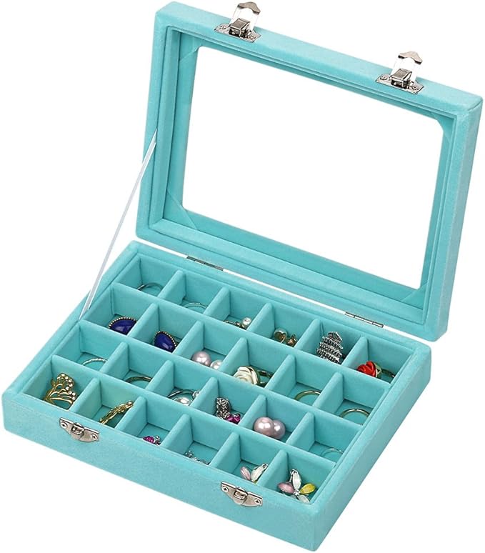 24 Grids Velvet Glass Ring Earrings Jewelry Box Earrings Organiser Storage Holder Display Case by LANTWOO