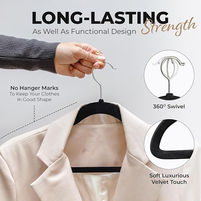 Our Modern Space 30 Pack Velvet Hanger for Shirt Pants Dresses Skirts Suits Jackets - Slim Space Saving Design - Standard Coat Hanger - Sturdy & Durable Design with Shoulder Grooves Hook - Image 4