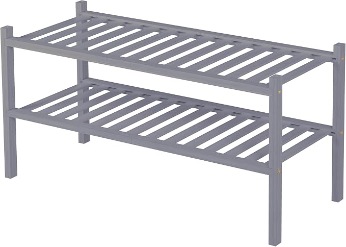 ROMGUAR CRAFT 2 Tier Bamboo Shoe Rack for Closet Free Standing Wood Shoe Shelf for Entryway Small Space Stackable 27"x11"x13" (Grey) - Image 8