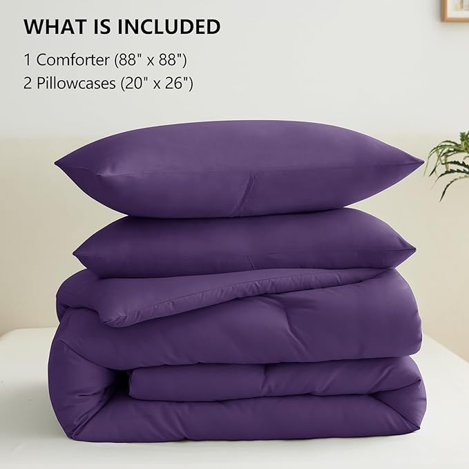CozyLux Queen Comforter Set Purple, 3 Pieces Solid Comforters Queen Size Breathable Quilted Bedding Sets, Luxury Soft Lightweight Bed Set with Down Alternative Comforter and 2 Pillowcases All Seasons