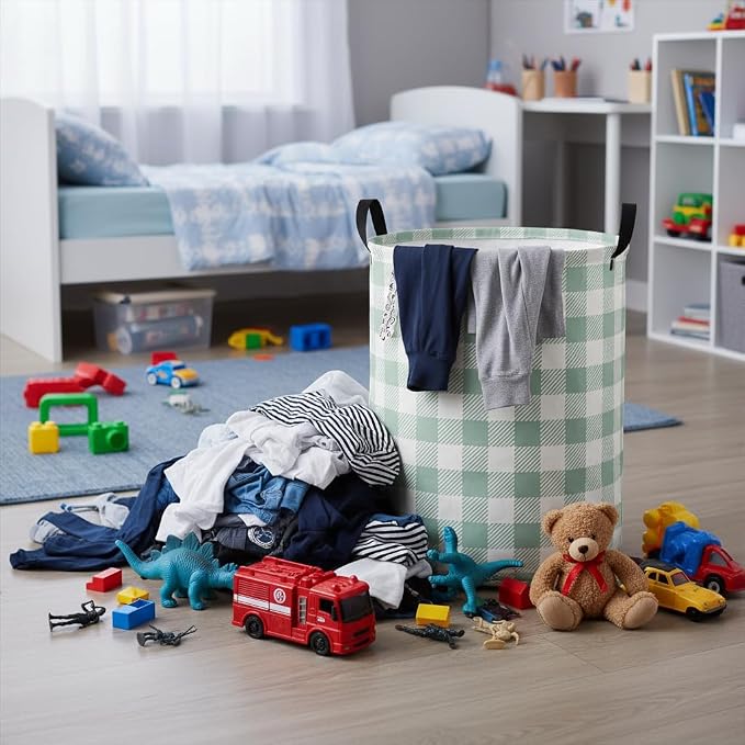 Baby Laundry Hamper kids laundry Basket Waterproof Laundry Bag for Bedroom Toy Clothes Organizer Room Décor(Green Checkered) - Image 4
