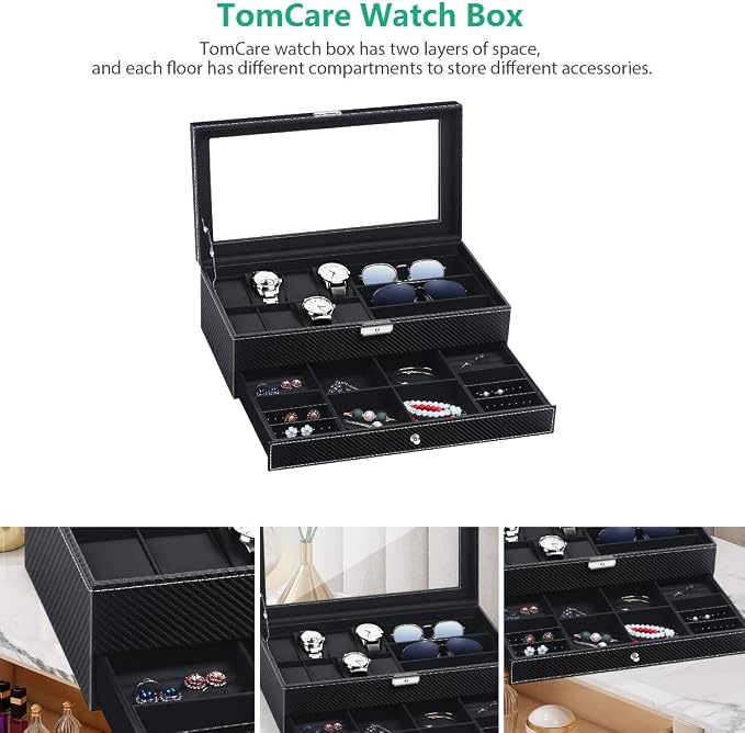 TomCare Watch Box Watch Case Watch Holder Organizer Jewelry Case Drawer Sunglasses Display Box Storage Earrings Storage Organizer Lockable with Glass Top and PU Leather for Men Women (All Black) - Image 3