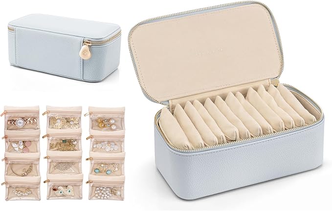 VLANDO Travel Jewelry Box Organizer – Portable PU Leather Jewelry Case with 6/8/12 Zippered Pouches, Compact Storage for Earrings Rings Necklaces Bracelets, Baby Blue by VLANDO