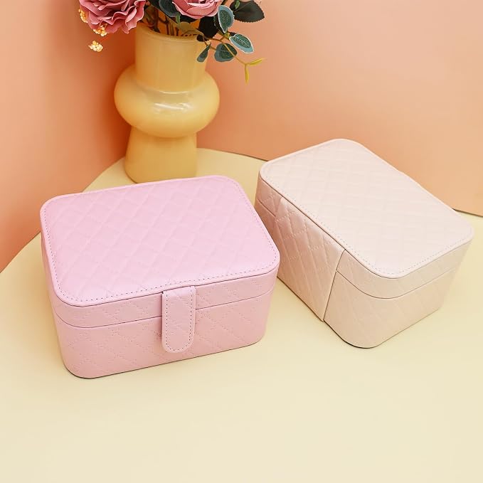 Jewelry Travel Case, 2-Layer Jewelry Box Organizer Medium Jewelry Travel Box, Portable Faux Leather Jewellery Storage Boxes with Argyle for Women, Daily Jewellery Case Home Use (Peach pink) - Image 7
