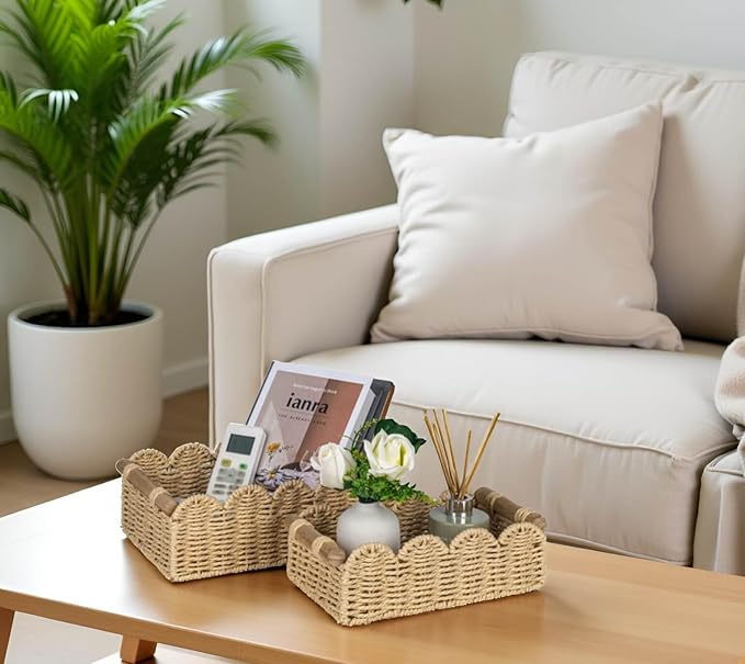 CubesLand Toilet Paper Storage Organizer Basket, Scalloped Decorative Baskets for Over Toilet Shelves, Wicker Small Basket Perfect for Home Countertop Storage & Decor, Living Room Shelf Decor, Beige - Image 3