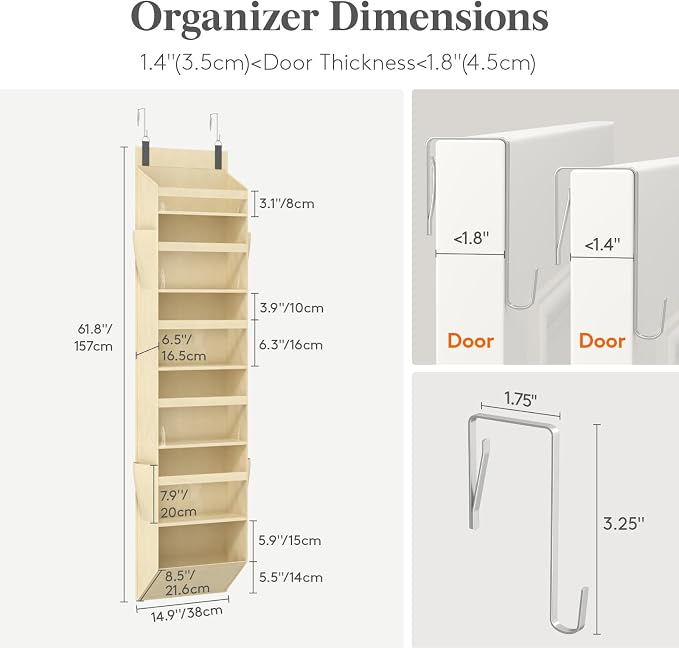 Lifewit 1 Pack Over the Door Organizer, 6 Section Clear Window Hanging Storage with 4 Side Pockets, Sturdy Anti Tilt 40 lbs Load Behind Door for Closet, Bedroom, Bathroom, Nursery, Dorm, Beige - Image 2