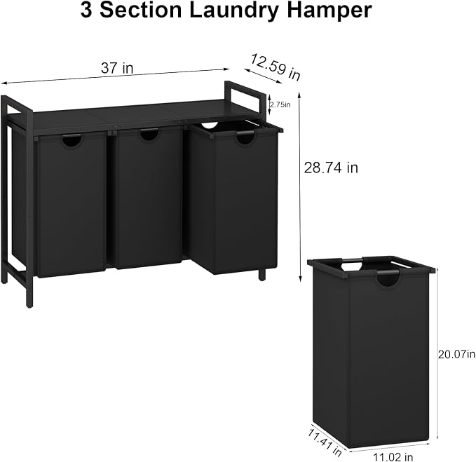 Laundry Hamper, Two -Color 3 Section Laundry Basket with 3 Removable Laundry Sorter Bags and Top Shelf, Clothes Hamper for Laundry Room, Bathroom - Image 3