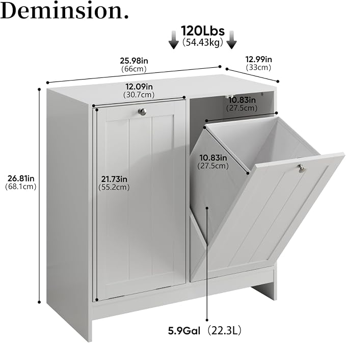 Tilt-Out Double Laundry Hamper Cabinet, White, 26.8" H x 26" W x 12" D, 5.9 Gal Capacity, MDF Construction. - Image 3