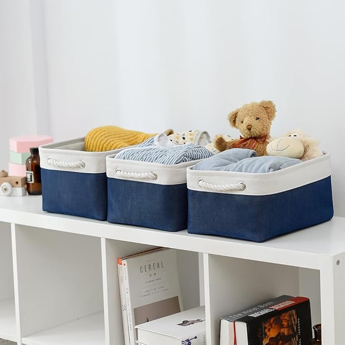TheWarmHome Storage Basket for Organizing - Medium 3 Pack 14x10x7 inch Fabric Storage Cubes for Shelves with Rope, Collapsible Storage Bin for Organizer Closet Cloth Gift Toy (White & Jean Blue) - Image 2