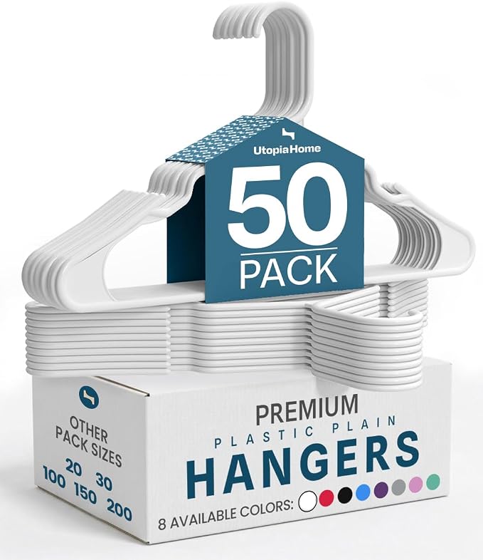 Utopia Home - Plastic Hangers 50 Pack - Space Saving Clothes Hanger - Durable and Strong Closet Organizers and Storage Makes It Ideal Stocking Stuffers or Apartment or Dorm Room Essentials (White) by UTOPIAHOME