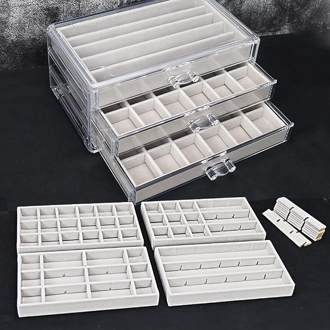 YUFONG Earring Organizer Box Acrylic Jewelry Organizer with 3 Drawers 54 Adjustable Grids Clear Stackable Earring Holder Velvet Trays Ring Display Case for Women Girls (Beige) - Image 7