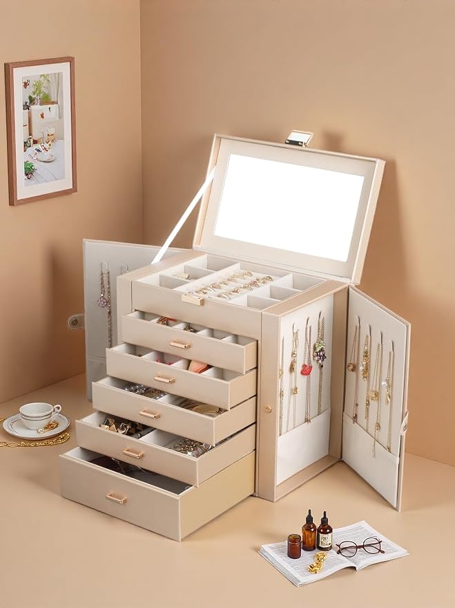 BOOVO Jewelry Box For women, 6 Layer Large Jewelry Organizer With Mirror, Multi-Function Storage Box With Lock, Necklace Holder With 5 Drawers, For Earrings Necklace Bracelet (Champagne Gold) - Image 3