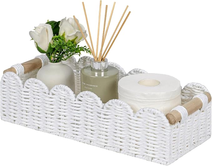 CubesLand Scalloped Edge Toilet Paper Storage Basket, Living Room Home Cozy Decor Basket, Paper Rope Small Baskets for Over Toilet Storage Shelf, End Table, Shelves, with 2 Wooden Handles, White by CubesLand