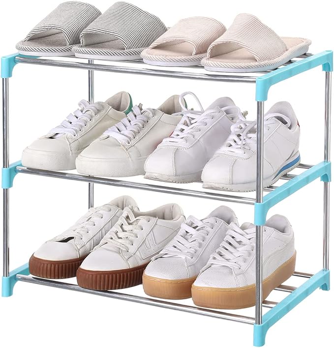 Jucaifu Stackable Small Shoe Rack, Entryway, Hallway and Closet Space Saving Storage and Organization (3-Tier, Blue) by Jucaifu