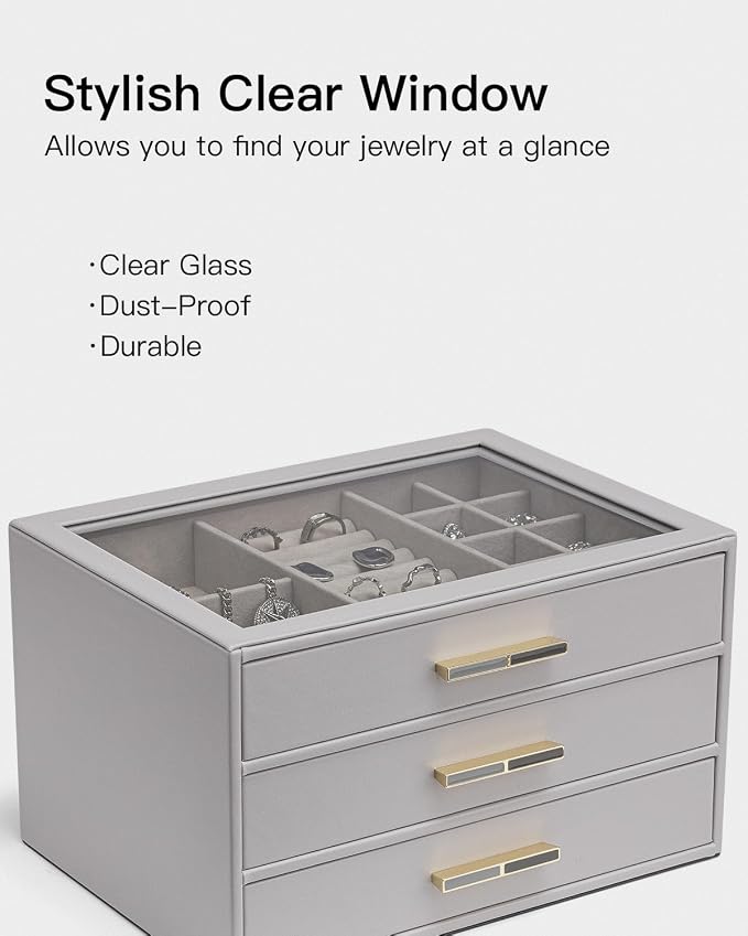 VLANDO Jewelry Box for Women, Glass Lid Jewelry Organizer with 3 Drawers for Necklaces Rings Earrings Bracelets - Grey - Image 7