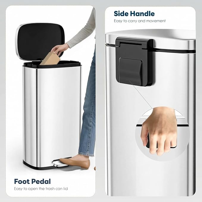 13.2 Gal Kitchen Trash Can, 50L Recycling or Garbage Bin, Brushed Stainless Steel Waste Basket, Soft&Quiet Close Dustbin, with Step-On Pedal, Removable Inner Bucket, for Home, Office, Living Room - Image 4