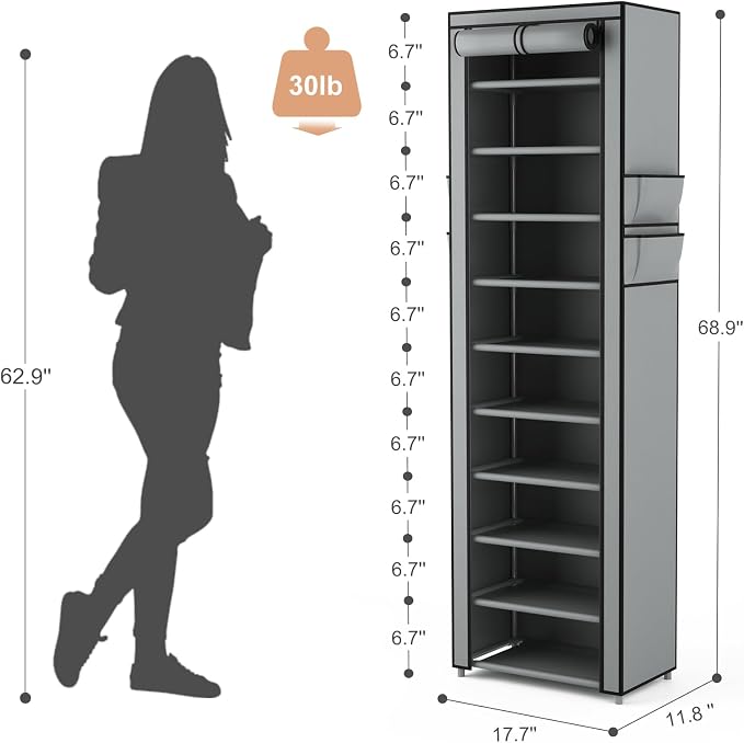 VTRIN Vertical Narrow Shoe Rack Organizer Tall Shoe Rack for Closet Entryway 10 Tier Non-Woven Cover Shoe Shelf Holds 20-22 Pairs Free Standing Shoe Storage Cabinet with Dustproof Cover, Grey - Image 3