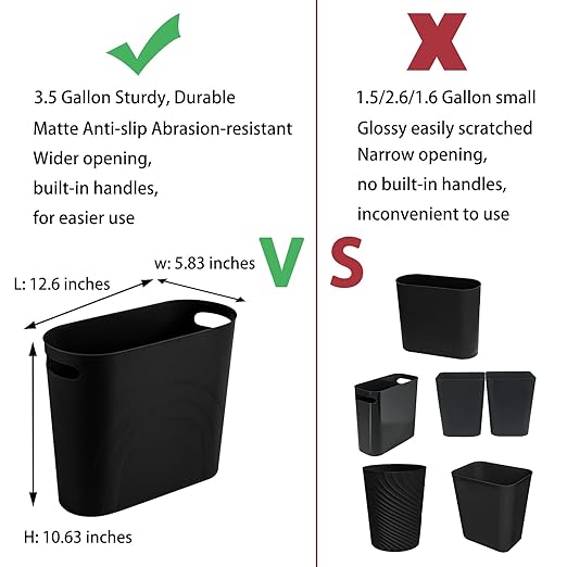 rejomiik Small Trash Can, Slim Garbage Can Plastic Waste Basket with Handles 3.5 Gallon Container Bin for Narrow Spaces Bathroom, Bedroom, Kitchen, Office at Home, 2 Pack Black - Image 3