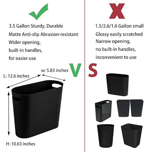 rejomiik Small Trash Can, 3.5 Gallon Slim Garbage Can Plastic Waste Basket with Handles Container Bin for Narrow Spaces Bathroom, Bedroom, Kitchen, Office at Home, Black - Image 3