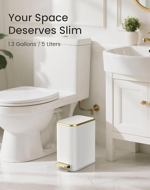 Cesun Small Bathroom Trash Can with Lid Soft Close, 5 Liter/1.3 Gallon Stainless Steel Garbage Can with Removable Inner Bucket, Step Pedal, Slim Waste Basket for Toilet, Office, Bedroom (White&Gold) - Image 8