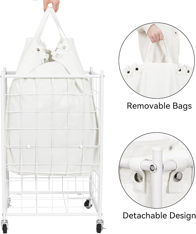 WOWLIVE Laundry Hamper with Wheels,Metal Wire Frame Rolling Laundry Basket with Removable bag,100L Dirty Clothes Hamper Organizer Dorm Room Storage for Bedroom,Bathroom,White - Image 6