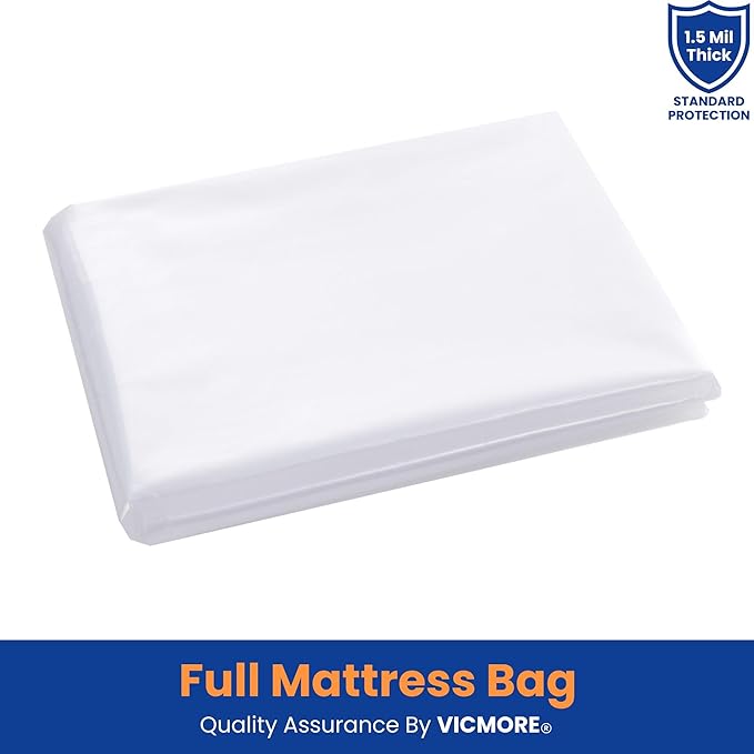 VICMORE Full Mattress Bag for Moving, Storage & Disposal – Clear Heavy-Duty 1.5 Mil Plastic Cover, Tear-Resistant & Dustproof, Recyclable (Fits Full/Double Beds)
