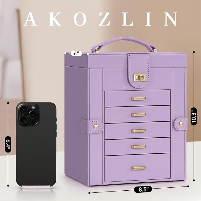 AKOZLIN Jewelry Box Organizer Functional Leather Jewelry Storage Case for Women Girls Ring Necklace Earring Bracelet Holder Organizer with Mirror Purple - Image 3