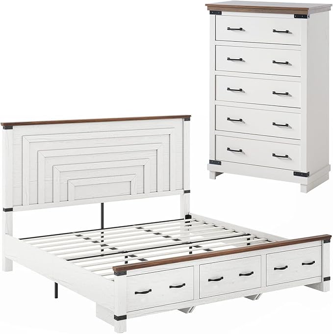AMERLIFE 2 Pieces Farmhouse Bedroom Set, Includes Wood Rustic King Size Bed Frame with 51" Tall Headboard, 48" Tall 5 Drawers Dresser Chest, Heavy Duty Thick Plank Styling, Antique White