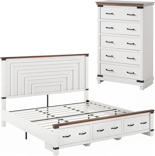 AMERLIFE 2 Pieces Farmhouse Bedroom Set, Includes Wood Rustic King Size Bed Frame with 51" Tall Headboard, 48" Tall 5 Drawers Dresser Chest, Heavy Duty Thick Plank Styling, Antique White