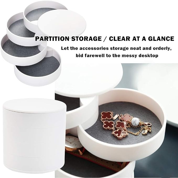 TIMESETL Jewelry Organizer, Small Jewelry Storage Box Earring Holder for Women, 4-Layer Rotating Travel Jewelry Tray Case with Lid for Bracelets Rings Bracelets - White - Image 6