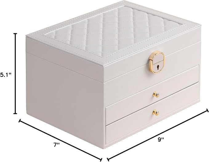 GUOER Jewelry Box for Women Girl Wife 3 Layers Large PU Leather Jewelry Organizer Storage Case with Two drawers Display for Earrings Bracelets Rings Watches Mother's Day (White) - Image 6