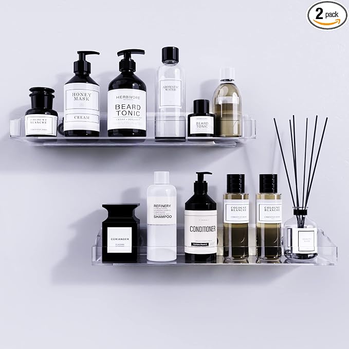 Bakzon Acrylic Shower Shelves 2 Pack, Adhesive Bathroom Shelves No Drill, Clear Acrylic Shower Caddy Wall Mounted Organizer for Inside Shower, Bathroom Storage Shelf by BAKZON