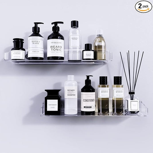 Bakzon Acrylic Shower Shelves 2 Pack, Adhesive Bathroom Shelves No Drill, Clear Acrylic Shower Caddy Wall Mounted Organizer for Inside Shower, Bathroom Storage Shelf by BAKZON
